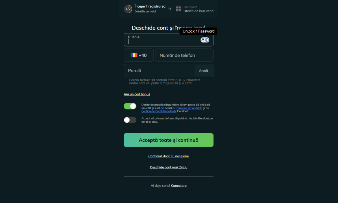 Completarea formularului la cazinoul Excelbet