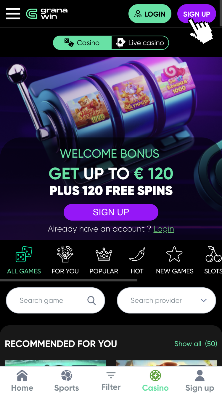 1 - Accesează platforma de casino și apasă butonul Sign Up