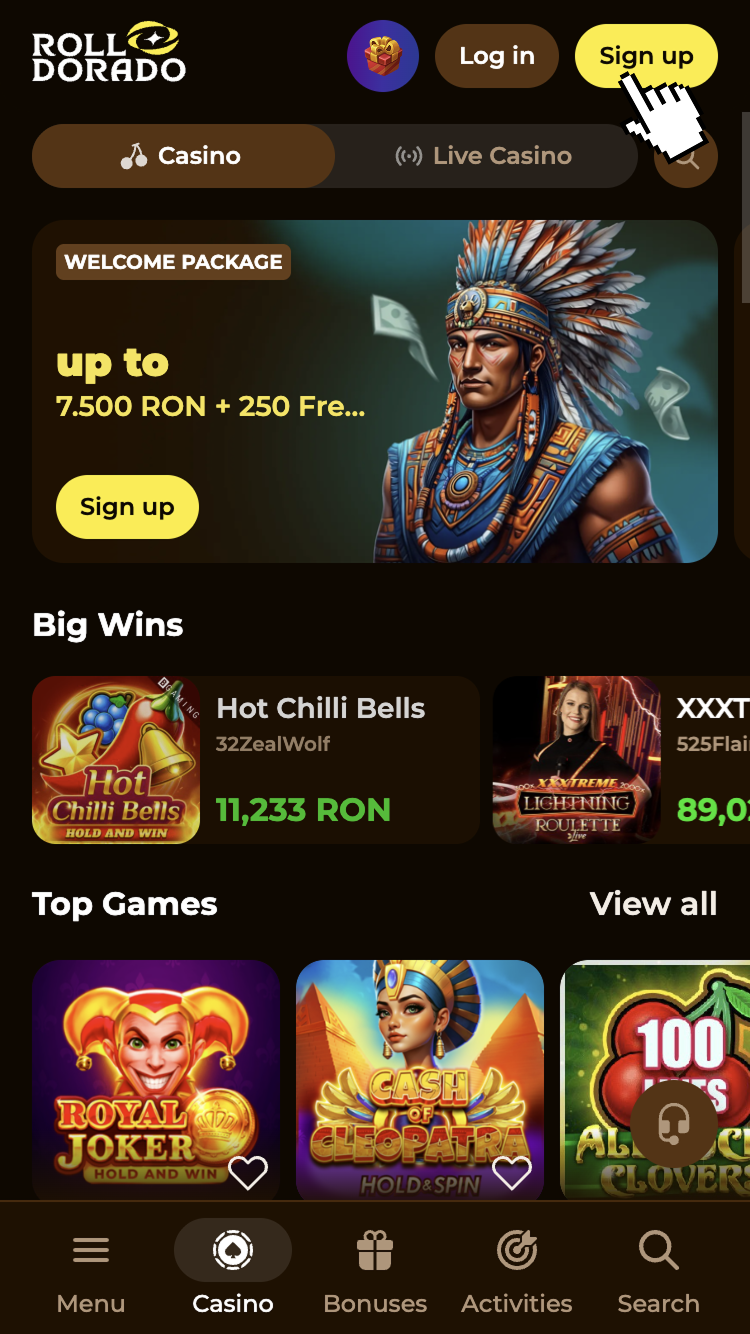 1 - Vizitează site-ul cazinoului și click pe butonul Înscrie-te