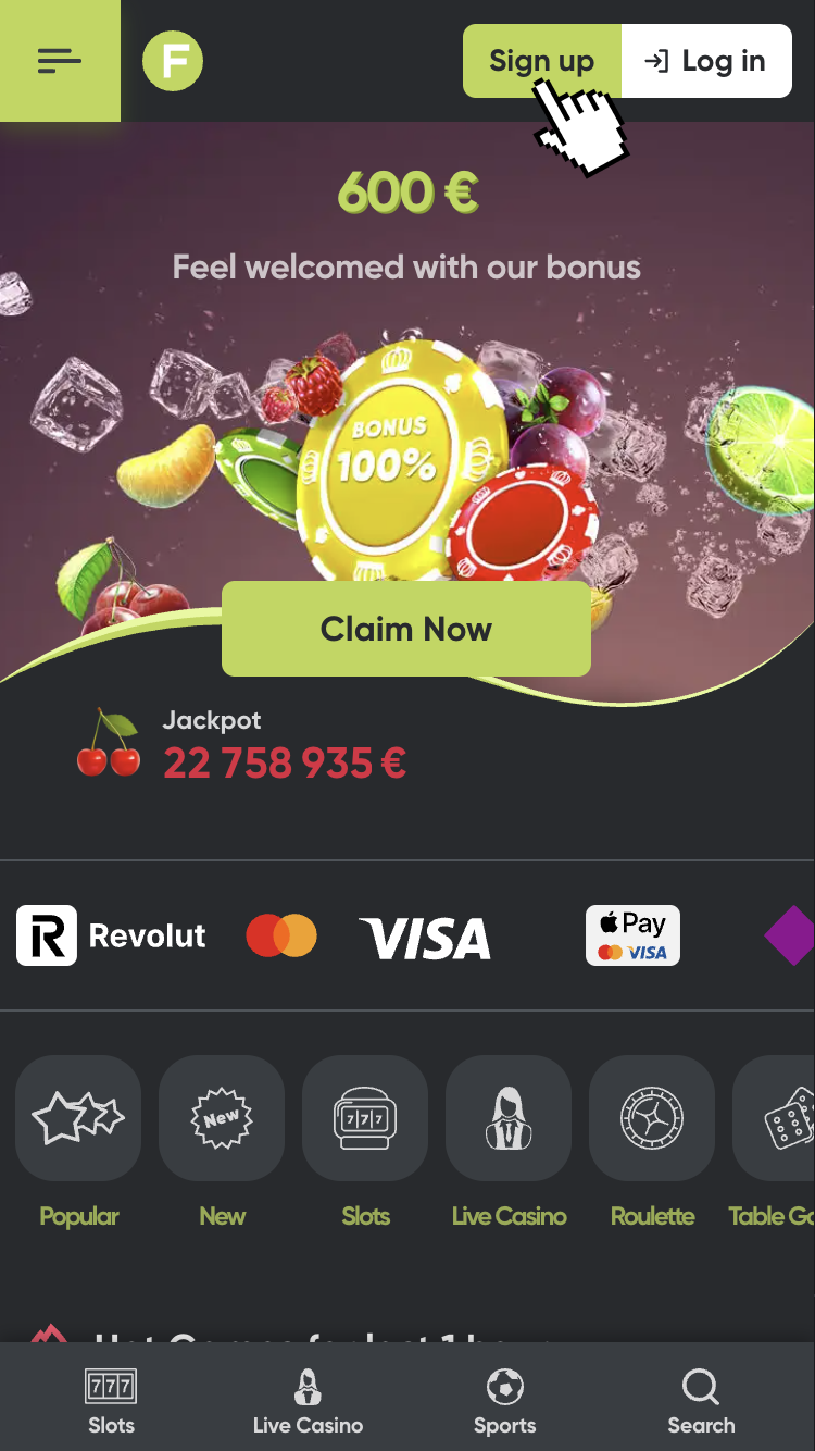 1 - Click pe butonul “Sign Up” după ce ai accesat platforma de cazinou