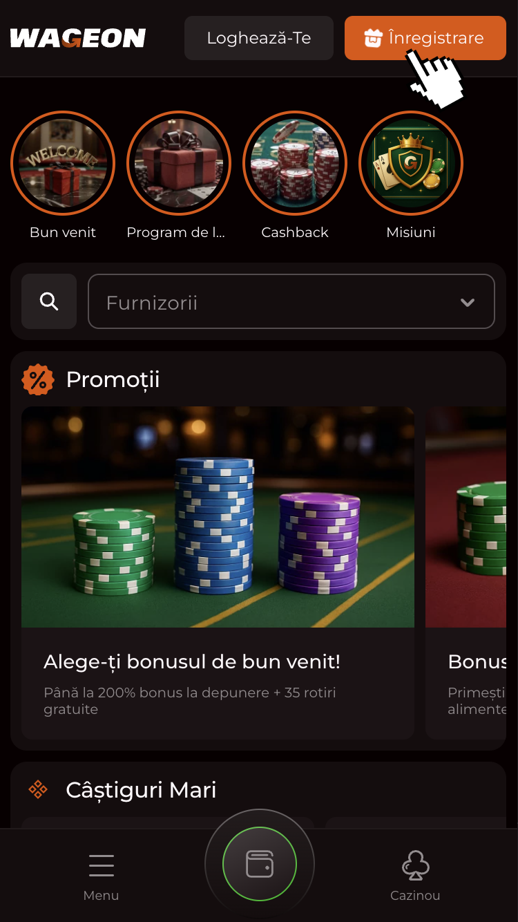 1 - Vizitează platforma de cazinou și apasă pe butonul de înregistrare