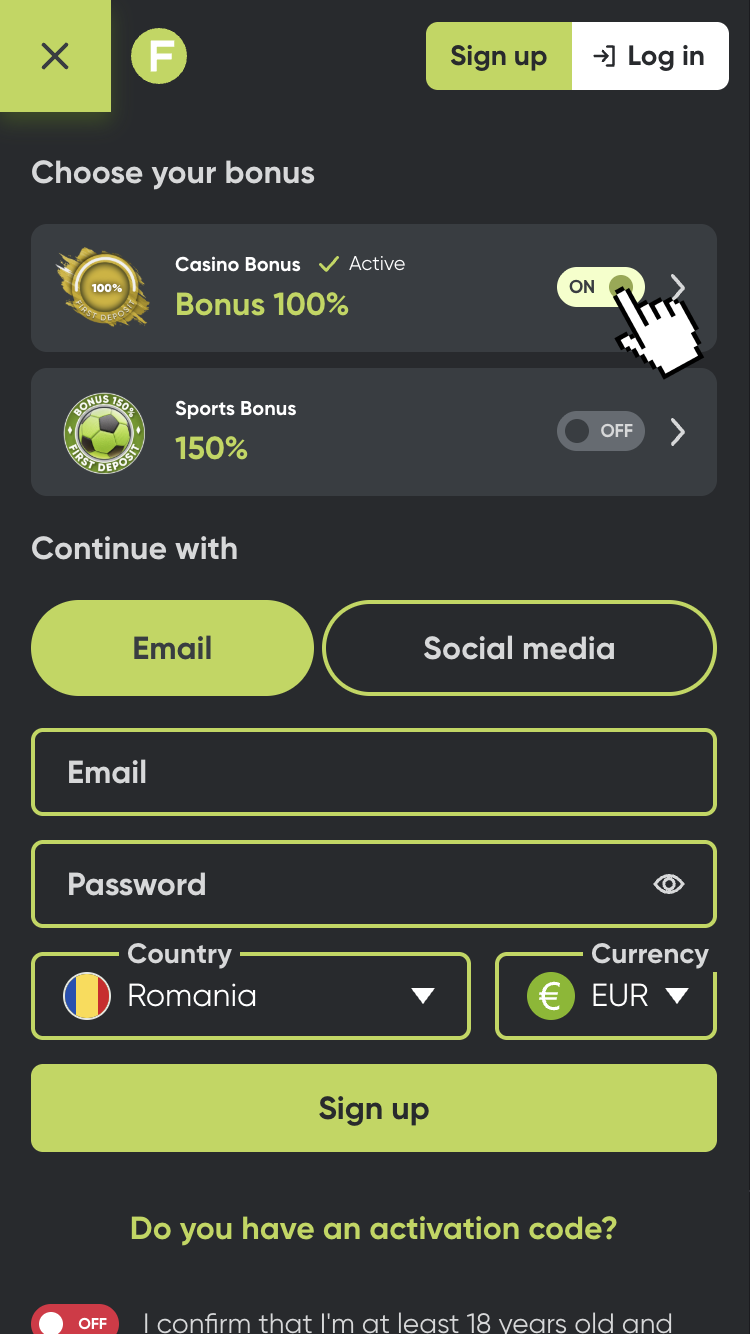 2 - Selectează opțiunea de bonus și apoi alege opțiunea de creare cont