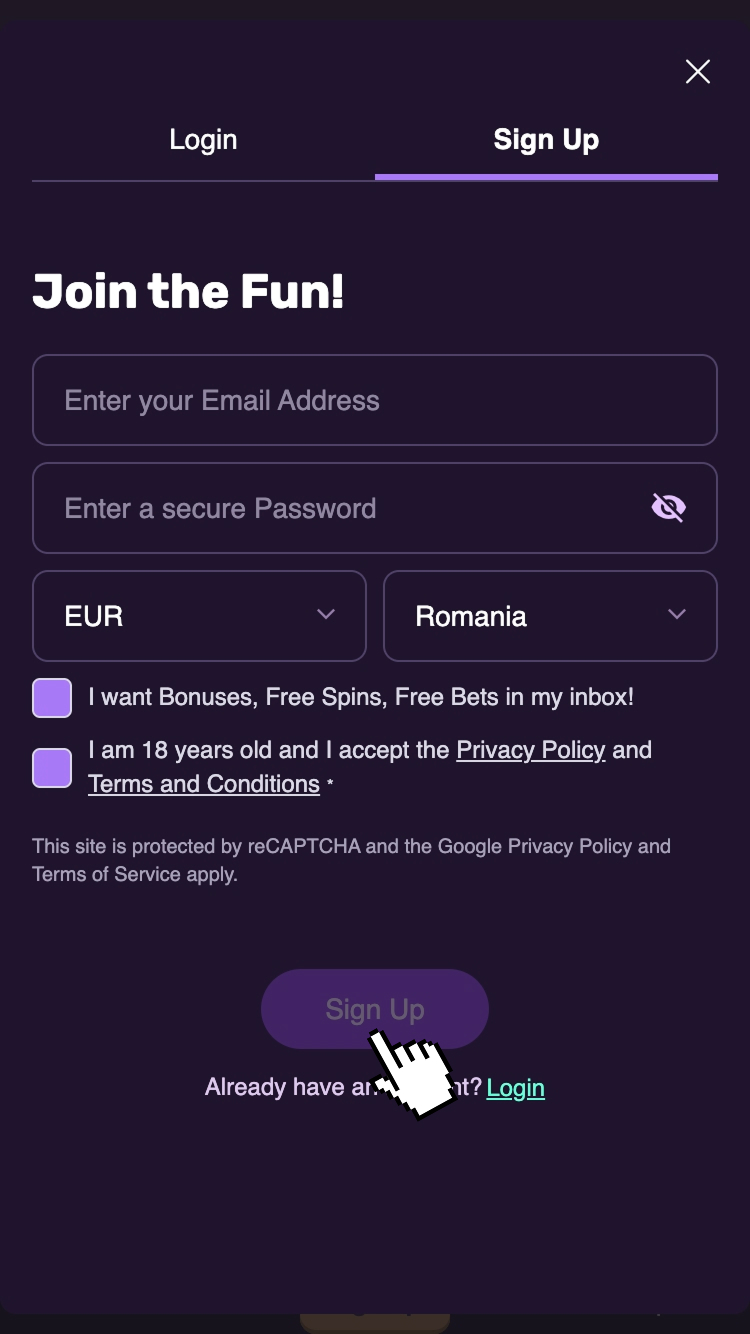 3 - Acceptă termenii cazinoului și alege-ți moneda contului