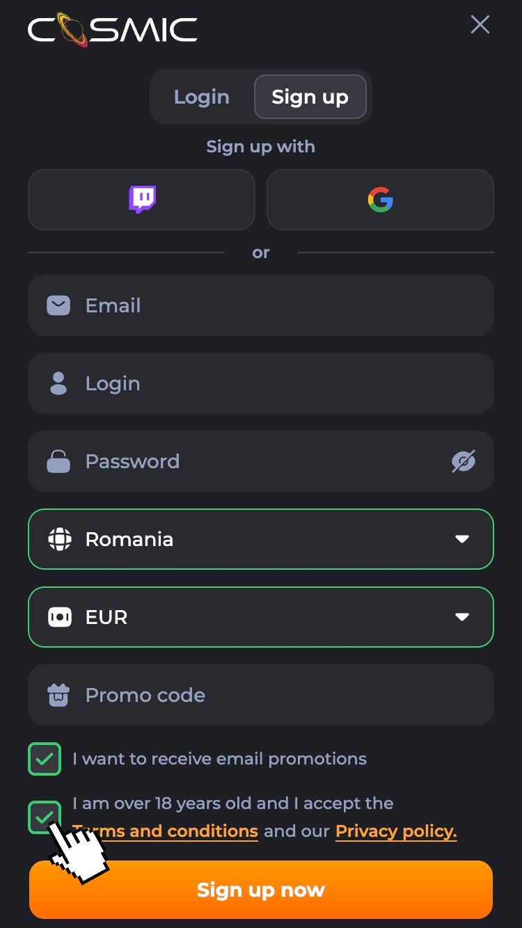 3 - Bifează casetele și apasă butonul Sign Up now