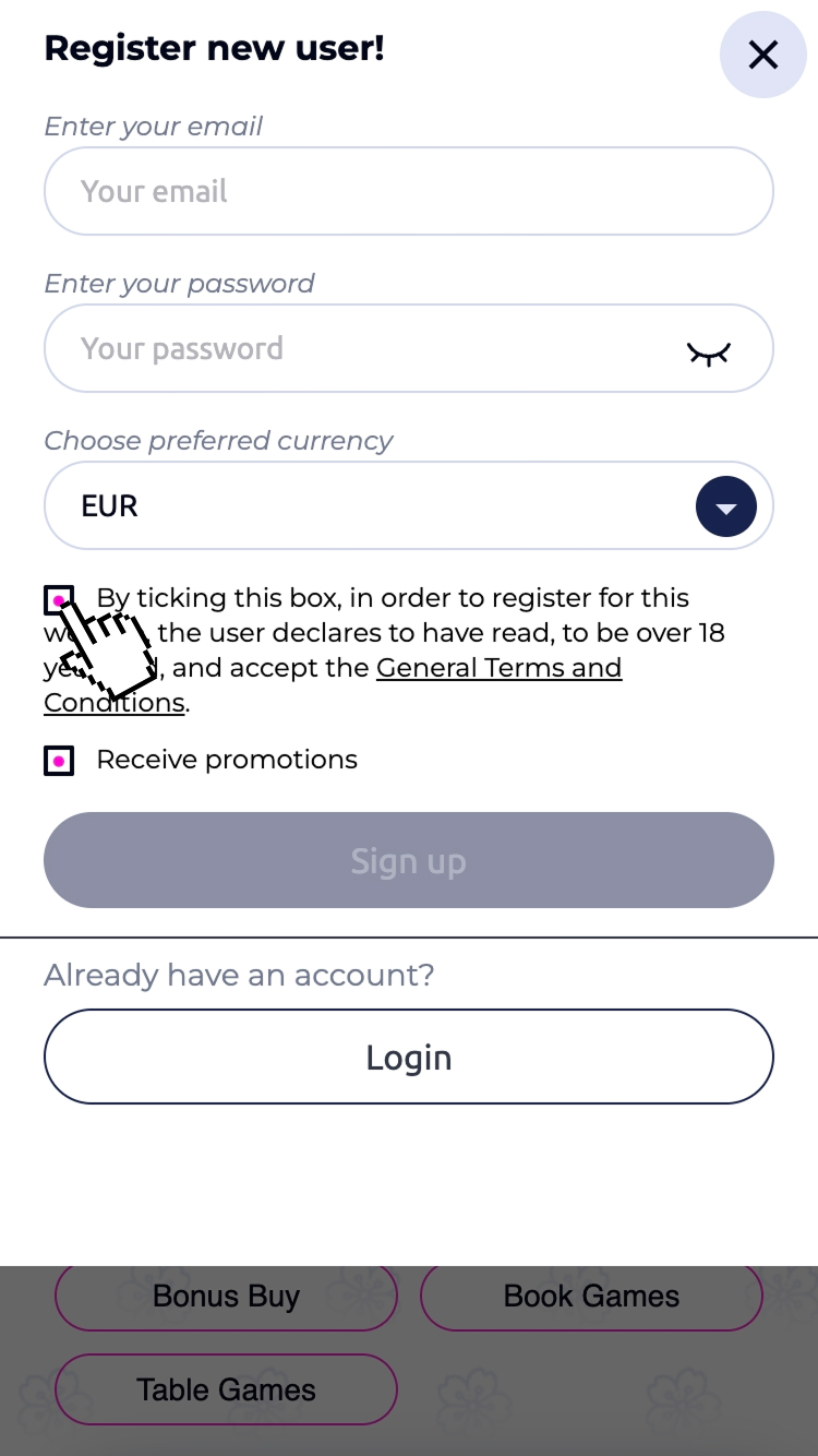 3 - Selectează moneda contului și acceptă termenii și condițiile cazinoului